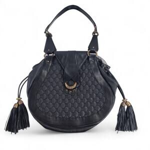 Zac Posen Black Woven Leather Round Shoulder Bag Bucket Purse Italy Vintage